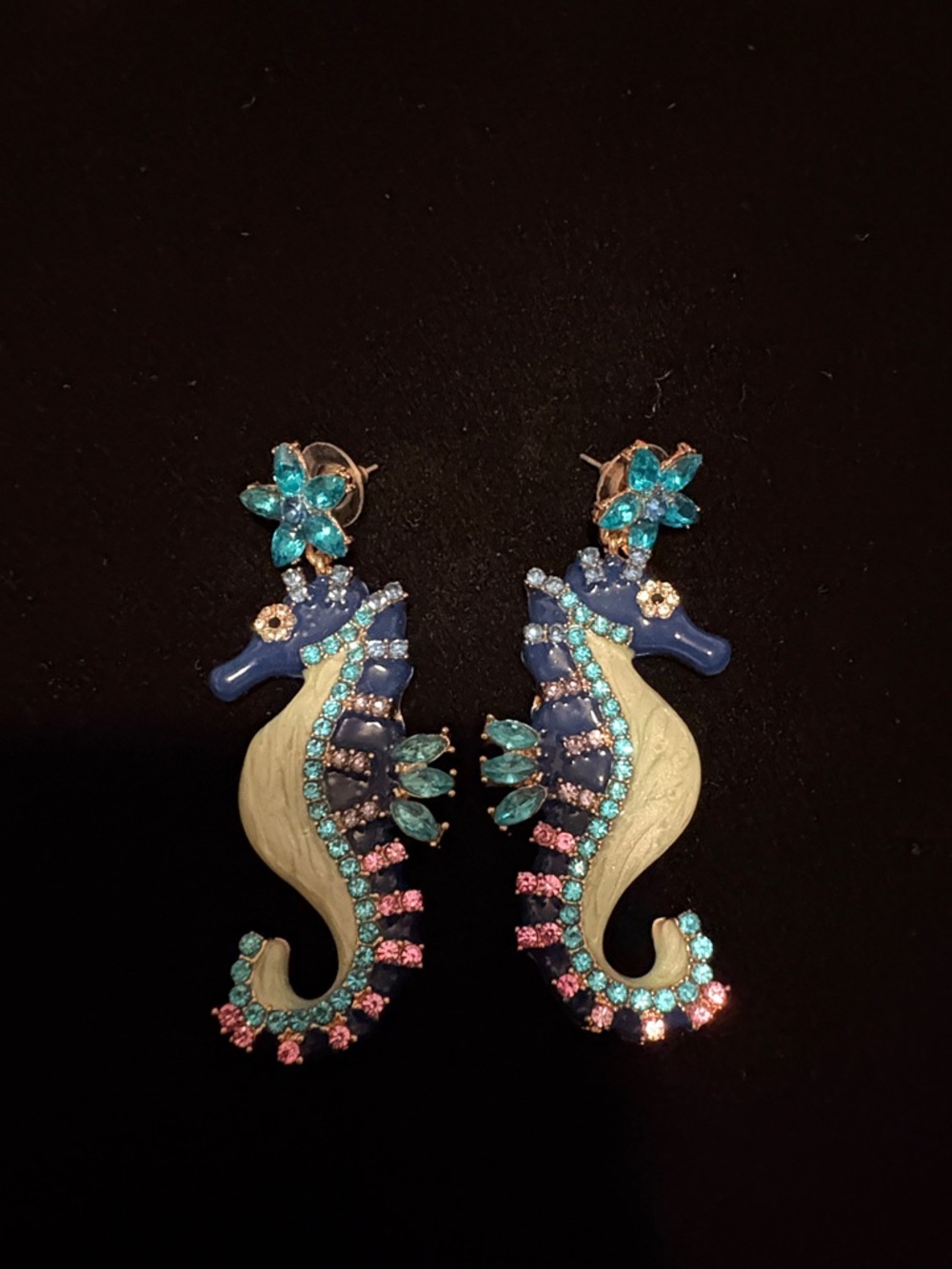 New Seahorse Drop Earrings — Blue & Turquoise Swarovski crystals never worn